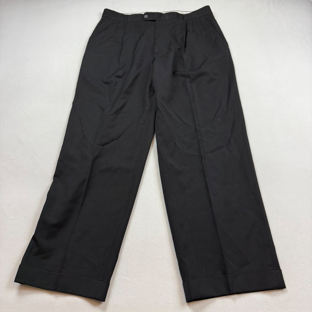 Zanella Platinum Men Black Virgin Wool Pleated Cuffed Dress Pants Made in Italy